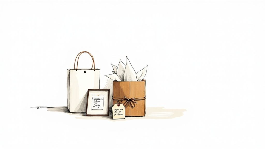 A close-up of a neatly wrapped gift in minimalist brown paper with a sprig of greenery.