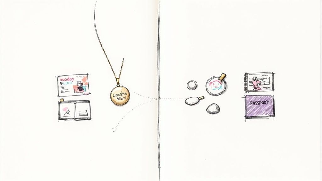 A young woman opens a gift box containing a delicate necklace, while another image shows friends cheering at a concert.