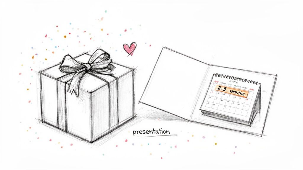 A hand-drawn sketch showing a gift box, a heart, and a calendar highlighting '2-3 months' for a presentation.
