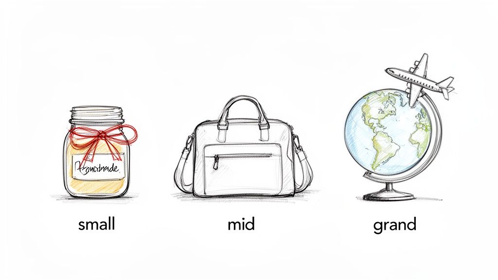 Three illustrations show different gift sizes: a small jar, a mid travel bag, and a grand globe with an airplane.