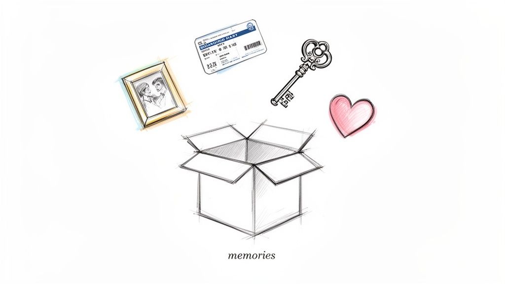 A sketch of various items representing memories: a framed photo, boarding pass, key, heart, and an open box labeled 'memories'.
