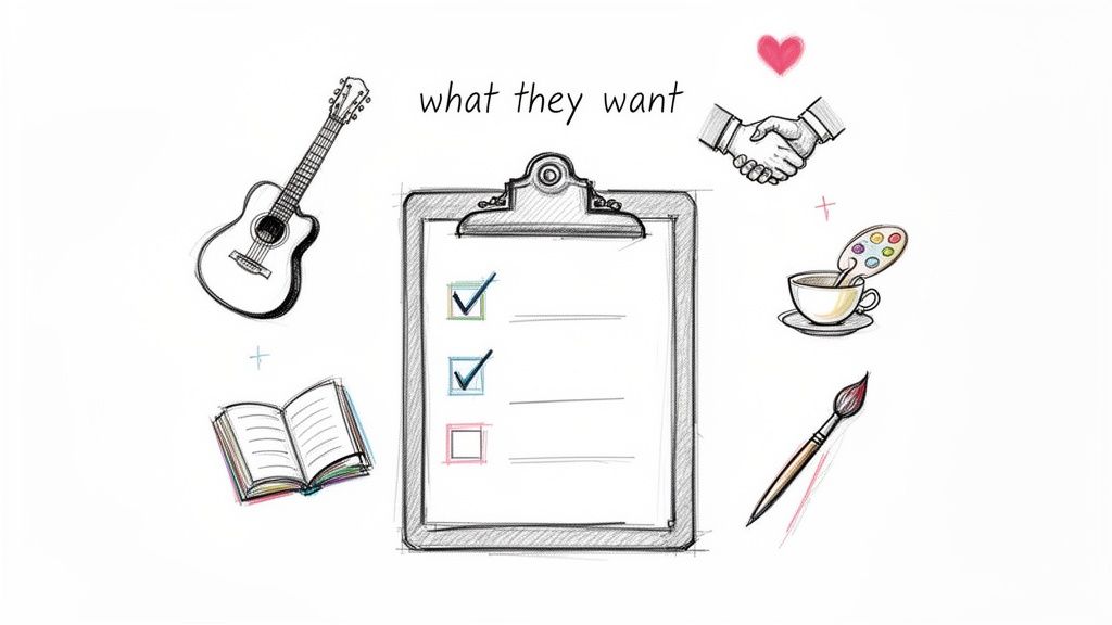 A whiteboard drawing showing a 'what they want' list with hobbies like music, reading, and art.