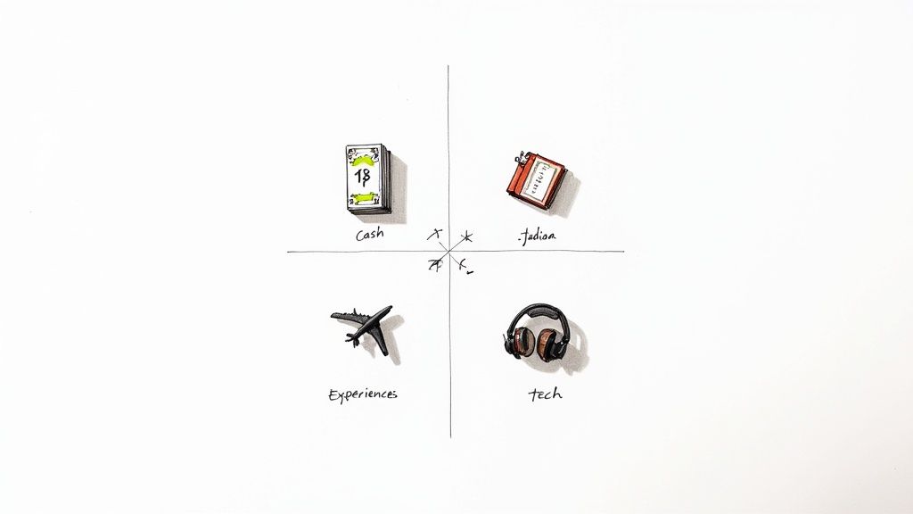 A 2x2 grid displaying gift categories: Cash, Jadian, Experiences (airplane), and Tech (headphones).