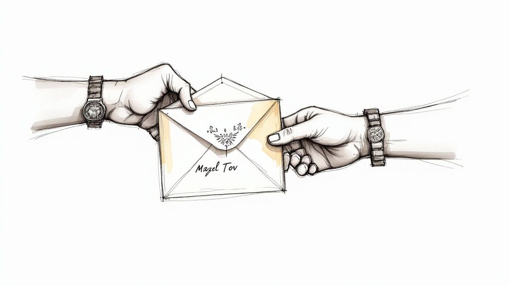 Illustration of two hands, each with a watch, exchanging an envelope with "Mazel Tov" written on it.