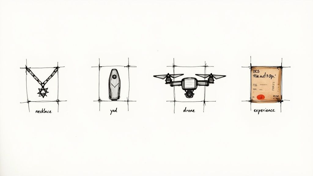 Sketches of a necklace, yad, drone, and experience certificate, representing Bar Mitzvah gift ideas.