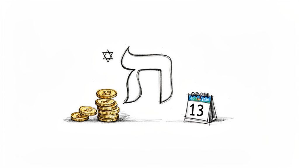 Illustration of Jewish symbols: Star of David, Chai, 18-numbered coins, and a calendar showing 13.