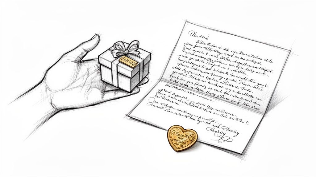 Pencil sketch showing a hand holding a small gift box, a letter with writing, and a heart-shaped medal.