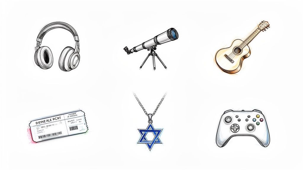 A grid of six hand-drawn sketches featuring potential Bar Mitzvah gifts: headphones, telescope, guitar, concert ticket, Star of David necklace, and game controller.