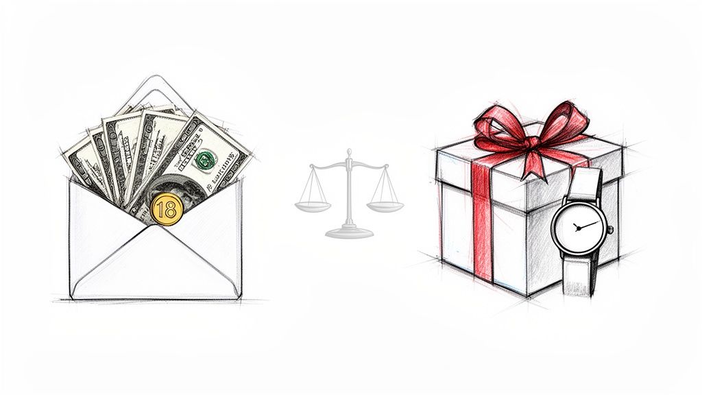 Sketch comparing monetary gifts (cash, '18' coin in envelope) with a physical present (gift box, watch) with a scale.
