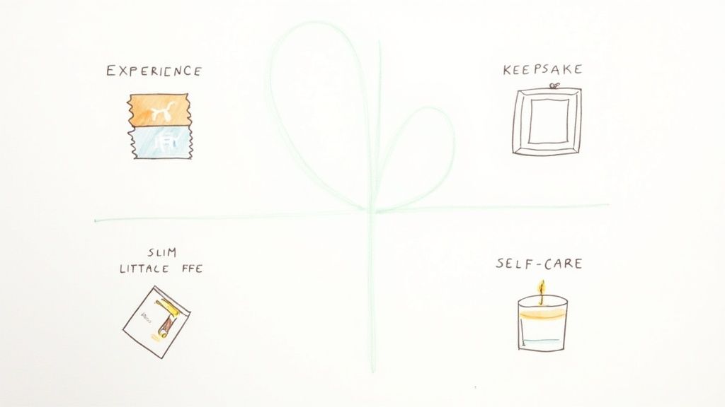 A hand-drawn gift guide illustrating four categories: Experience, Keepsake, Slim Little, and Self-Care.