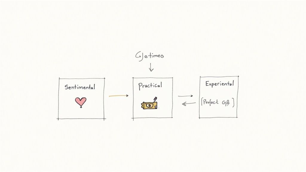 A diagram shows gift types: Sentimental (heart), Practical (ticket), and Experiential. Practical and Experiential lead to 'Perfect Gift'.