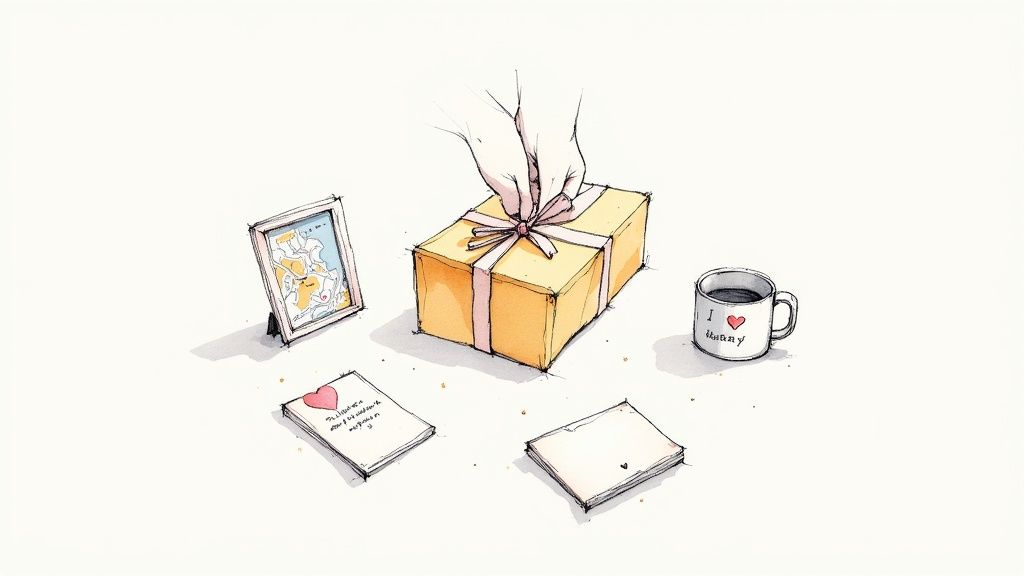 Hands tie a pink ribbon on a yellow gift box, surrounded by a map, cards, and a 'I love sunny' mug.