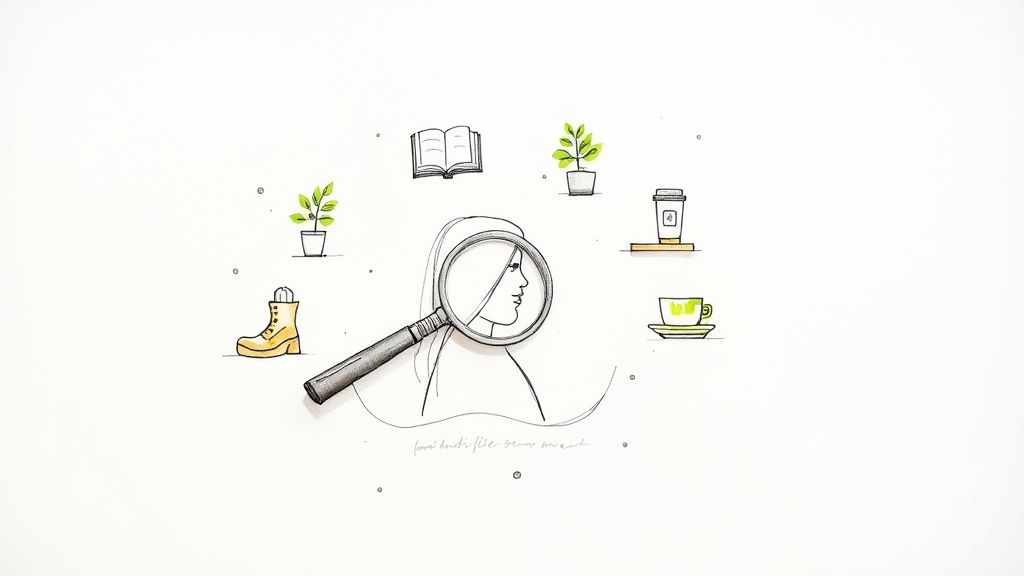 Illustration of a woman's profile with a magnifying glass, surrounded by daily life objects.