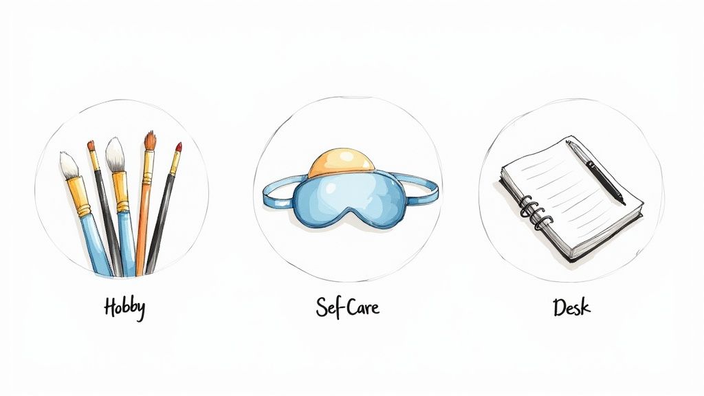 Three circular icons: paintbrushes for Hobby, a sleep mask for Self-Care, and a notebook with a pen for Desk.