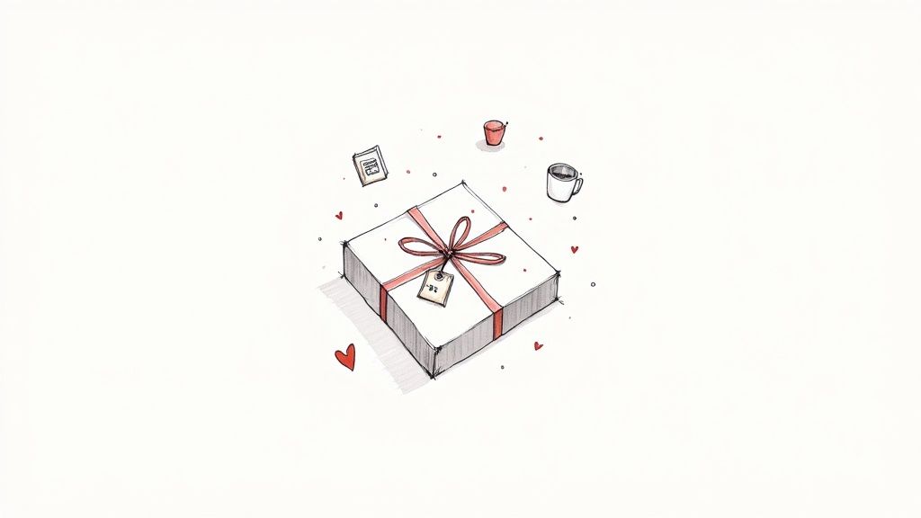 A minimalist sketch of a white gift box with a red ribbon, surrounded by hearts and drinks.