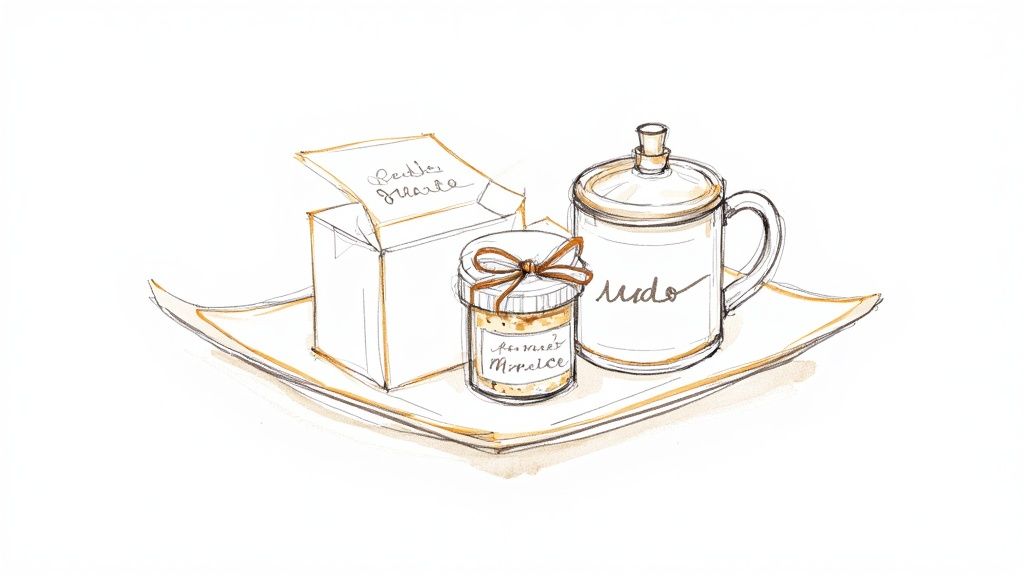 A charming watercolor sketch illustrating a thoughtful gift set on a tray, featuring a box, a bow-tied jar, and a lidded mug.