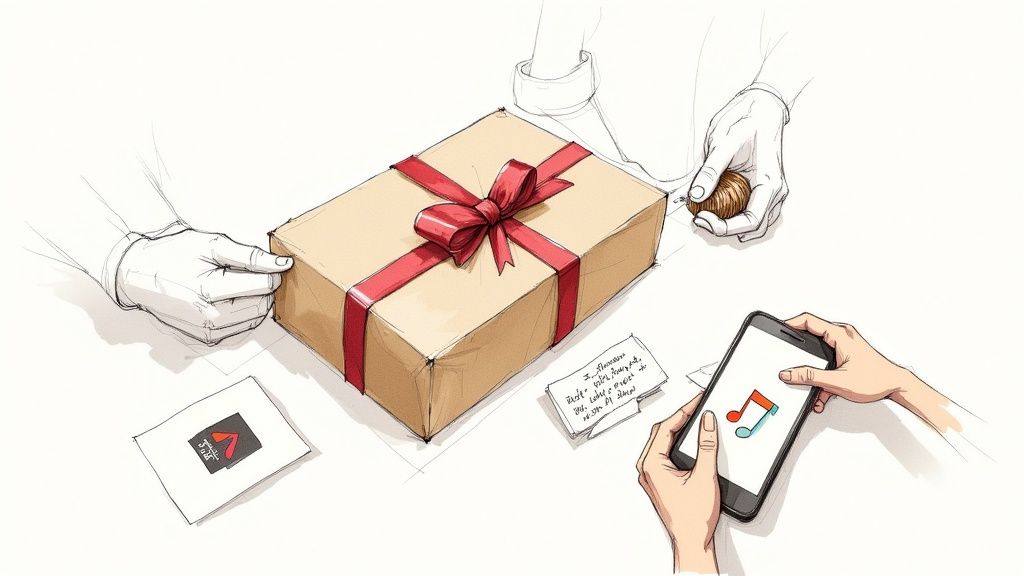 Hands wrapping a brown gift box with a red ribbon next to a smartphone showing a music app.