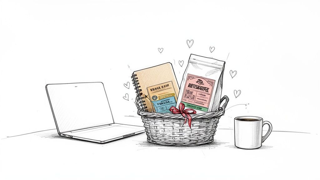 A sketch showing a laptop, a gift basket with coffee and a notebook, and a coffee mug.