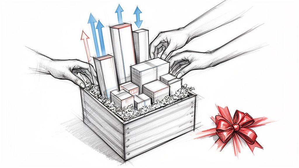 Sketch of hands arranging packages and buildings in a wooden gift crate with upward arrows and a red bow.