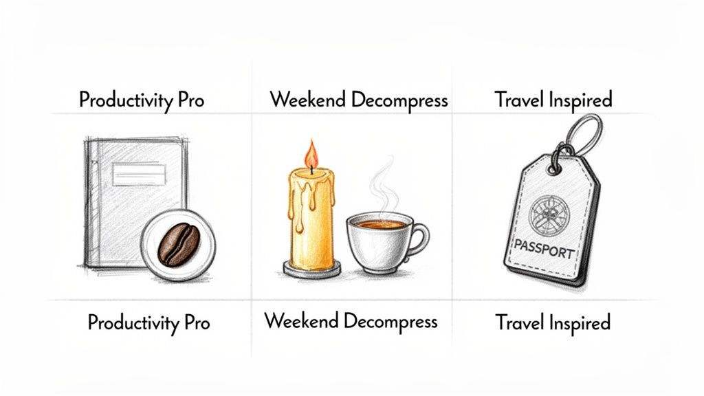 Three distinct lifestyle themes: productivity, relaxation, and travel, each depicted with relevant illustrations.