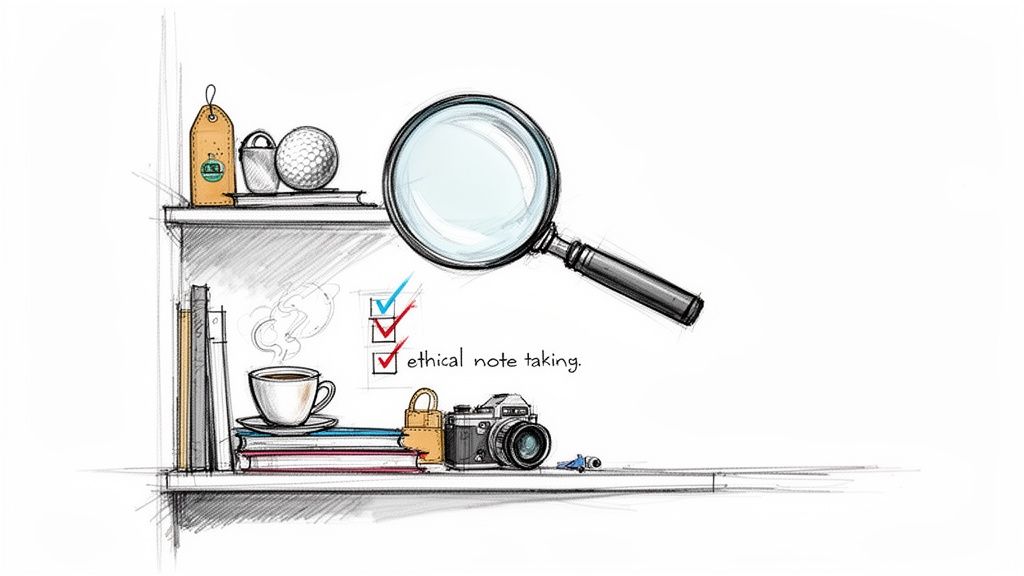 A detailed sketch showing shelves with books, coffee, camera, and a magnifying glass highlighting 'ethical note taking'.