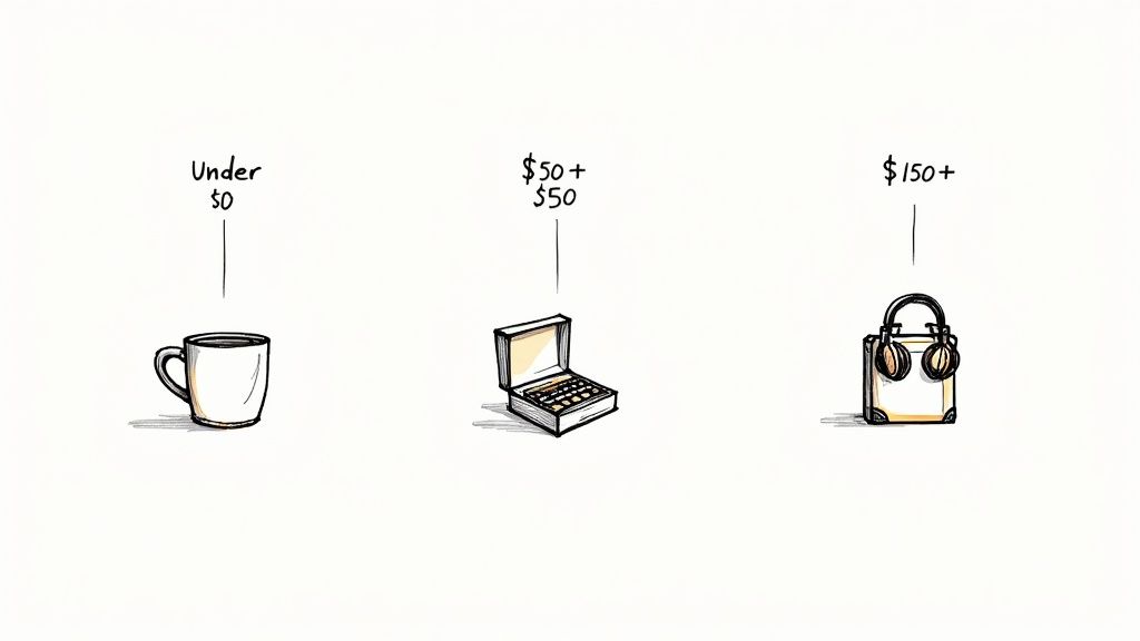 A collection of graduation gifts on a table, including a planner, jewelry box, and headphones, representing different budget levels.