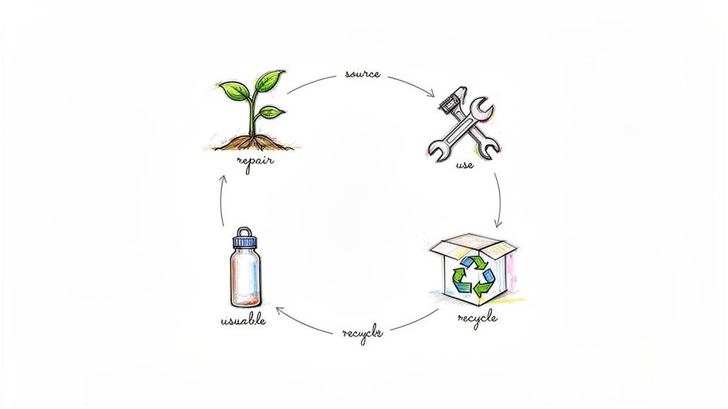 A hand-drawn diagram illustrating the circular economy with stages: source, use, recycle, and reusable.