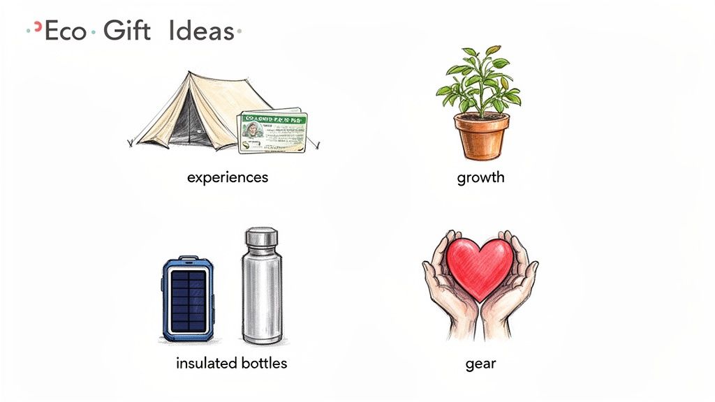 An illustration of eco-friendly gift ideas including experiences, a potted plant, insulated bottles, and gear.