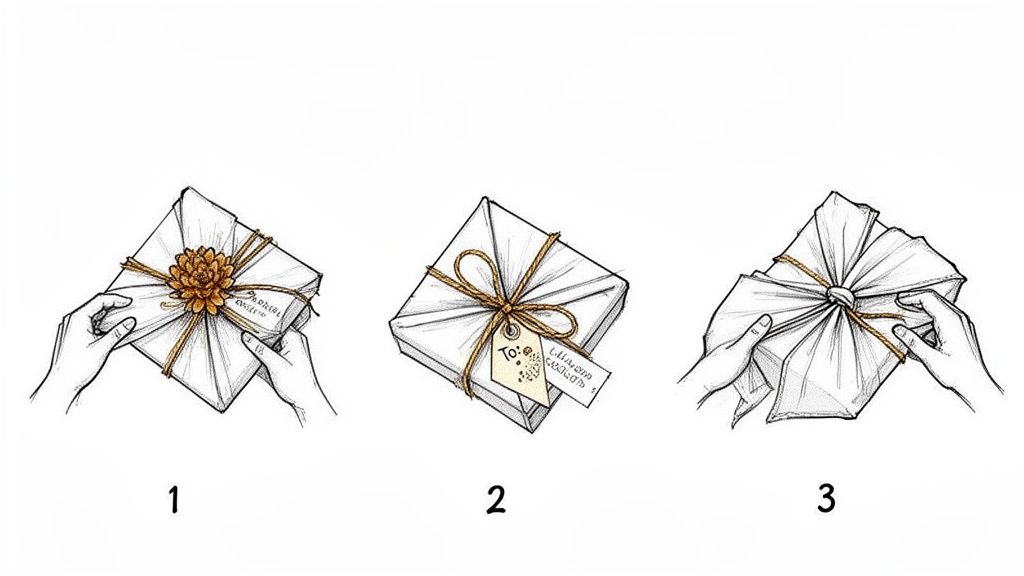 Three illustrations depict hands interacting with elegantly wrapped gifts using white paper and twine.