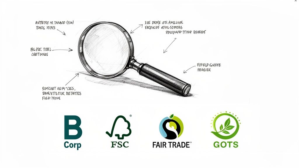 A sketch of a magnifying glass with annotations and four sustainability certification logos below.