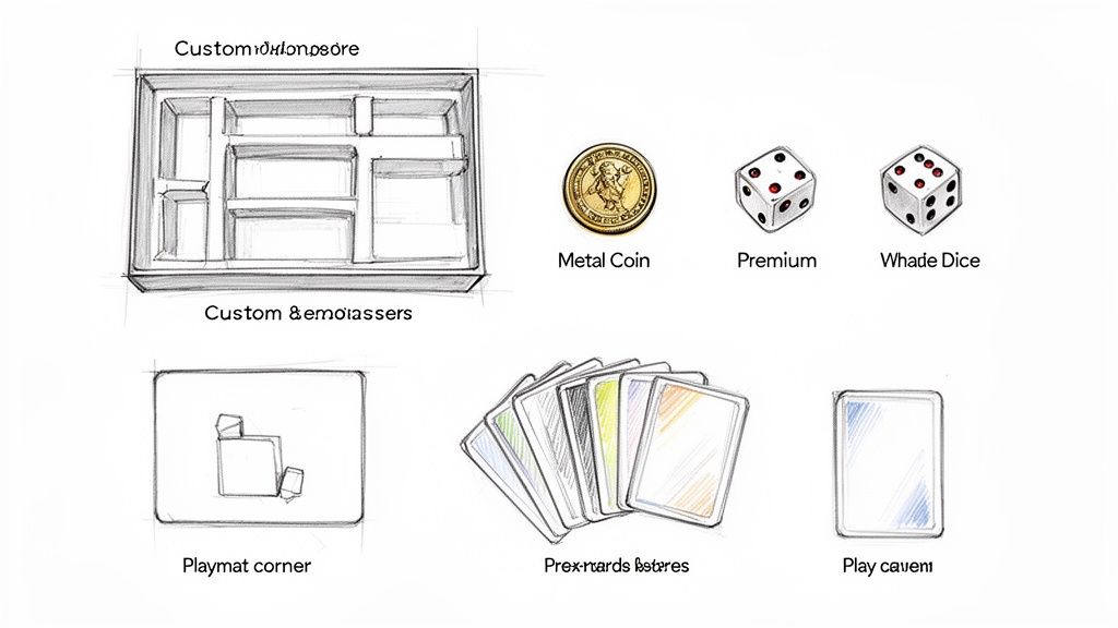 Sketch showing various board game components: custom box insert, metal coin, dice, playmat corner, and game cards.