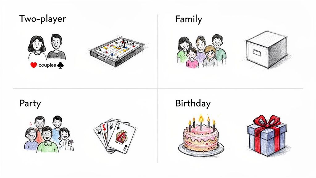 Illustrations showing gift and game ideas for two-player, family, party, and birthday occasions.