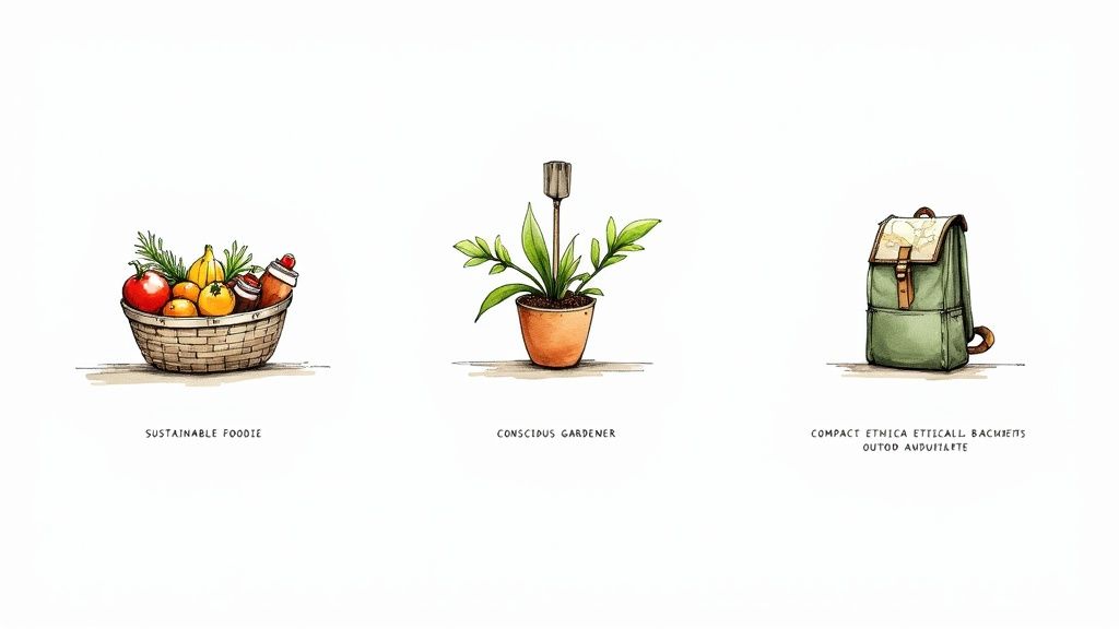 Three watercolor illustrations: a basket of produce, a potted plant, and a green backpack, representing an eco lifestyle.