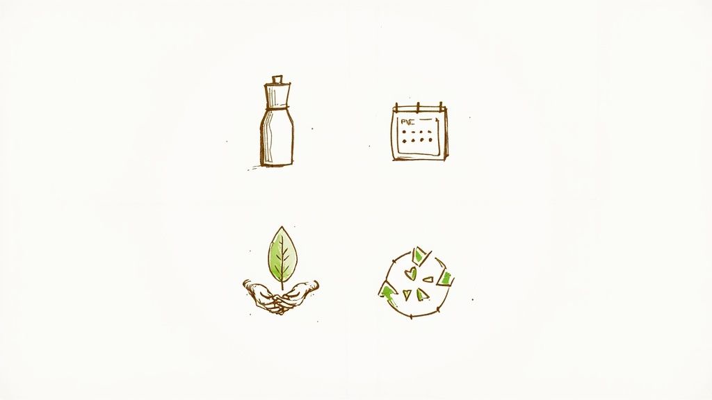 Hand-drawn icons depicting a bottle, calendar, hands holding a leaf, and fragmented green pieces.