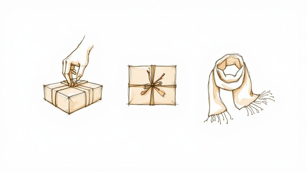 Three illustrations: a hand tying a gift, a wrapped gift with twigs, and a cozy scarf.