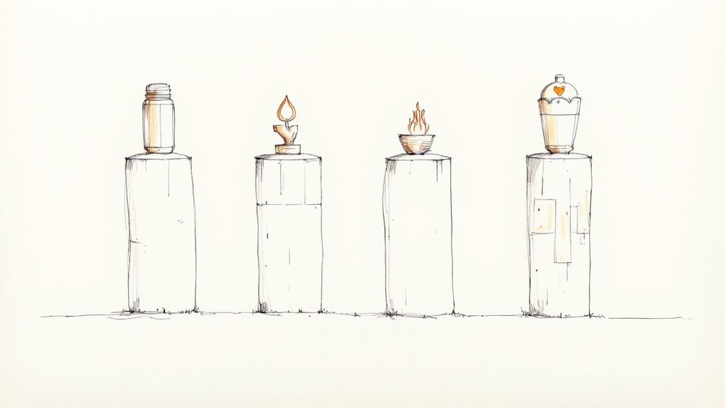 Hand-drawn illustration of four symbolic objects atop pedestals, including a bottle, lamp, flame bowl, and heart container.