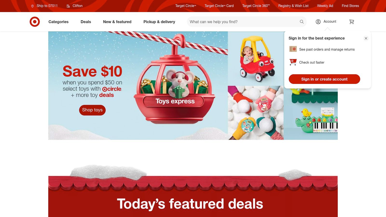 A display of toys and deals at a Target store, illustrating the variety of physical gifts available.