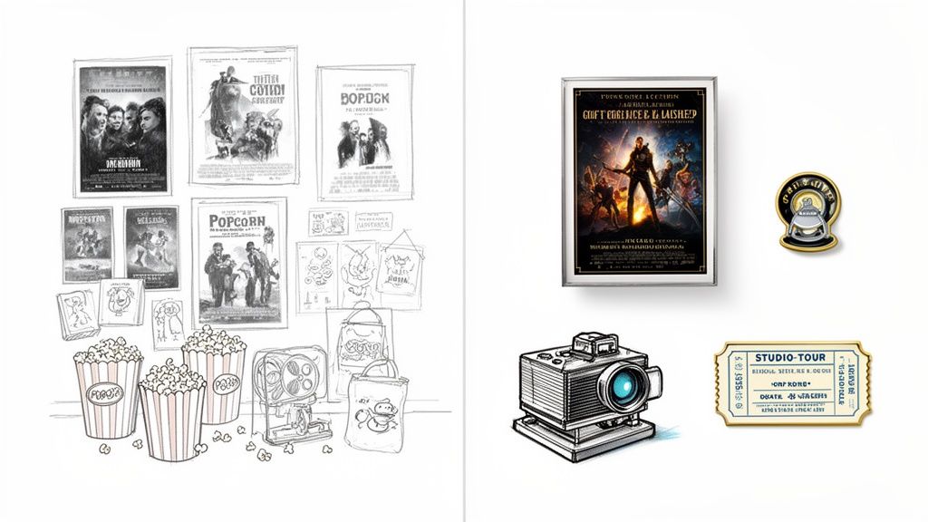Various movie memorabilia, including posters, popcorn, two projectors, a cinema pin, and a studio tour ticket.