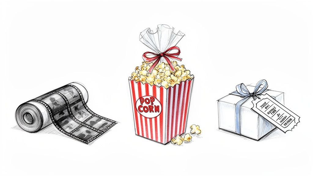 Three hand-drawn illustrations of film-related items: a movie film roll, a popcorn box, and a gift with a cinema ticket.