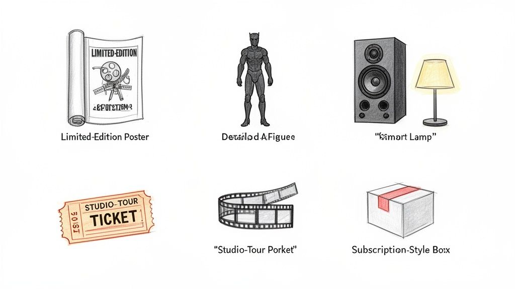 Six sketched illustrations: a limited-edition poster, a superhero figure, a smart lamp, a studio tour ticket, a film strip, and a subscription box.