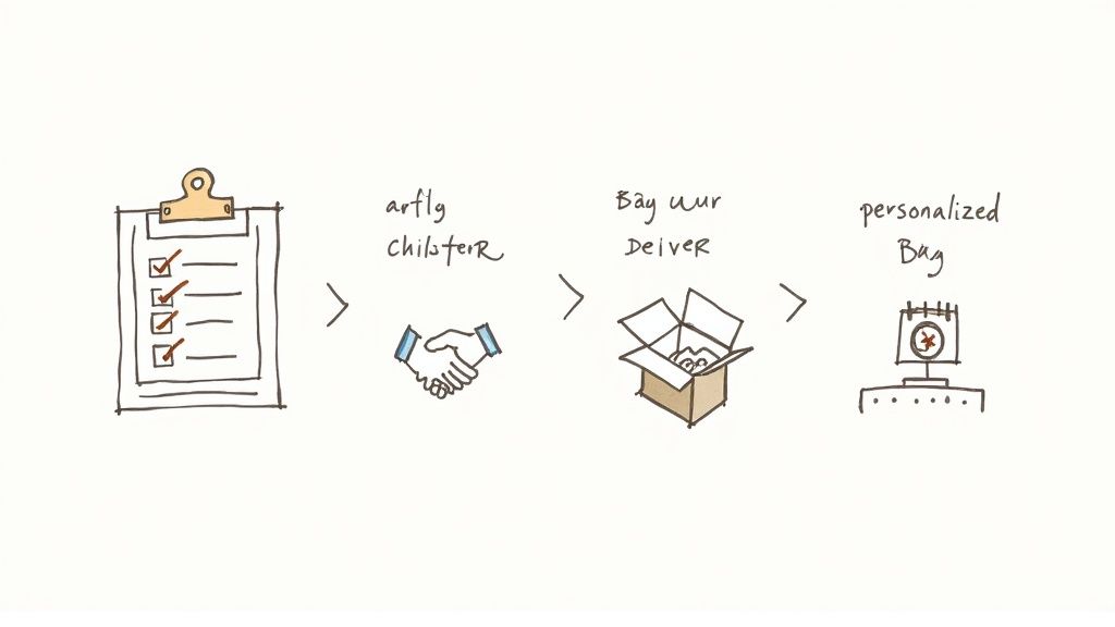 A four-step diagram illustrating the customization and delivery process for a personalized item.