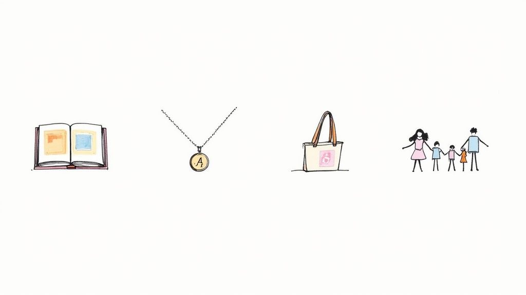 Four simple doodle illustrations showing an open book, a personalized necklace, a tote bag, and a family.
