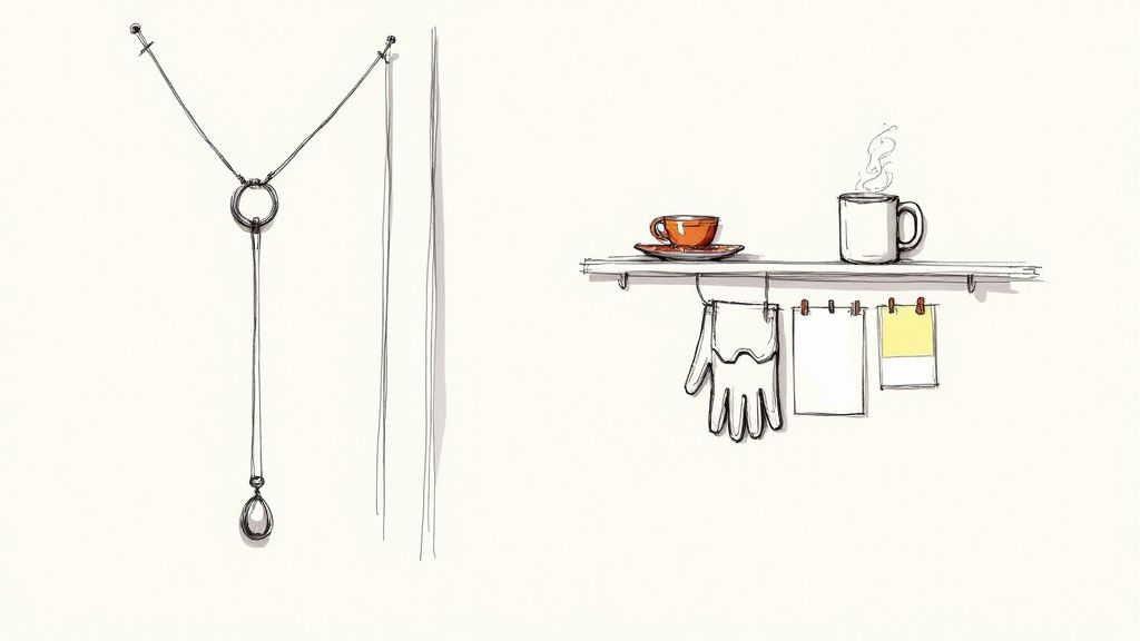 A minimalist sketch illustrating a necklace design on the left, and a shelf with coffee mugs, a glove, and notes on the right.