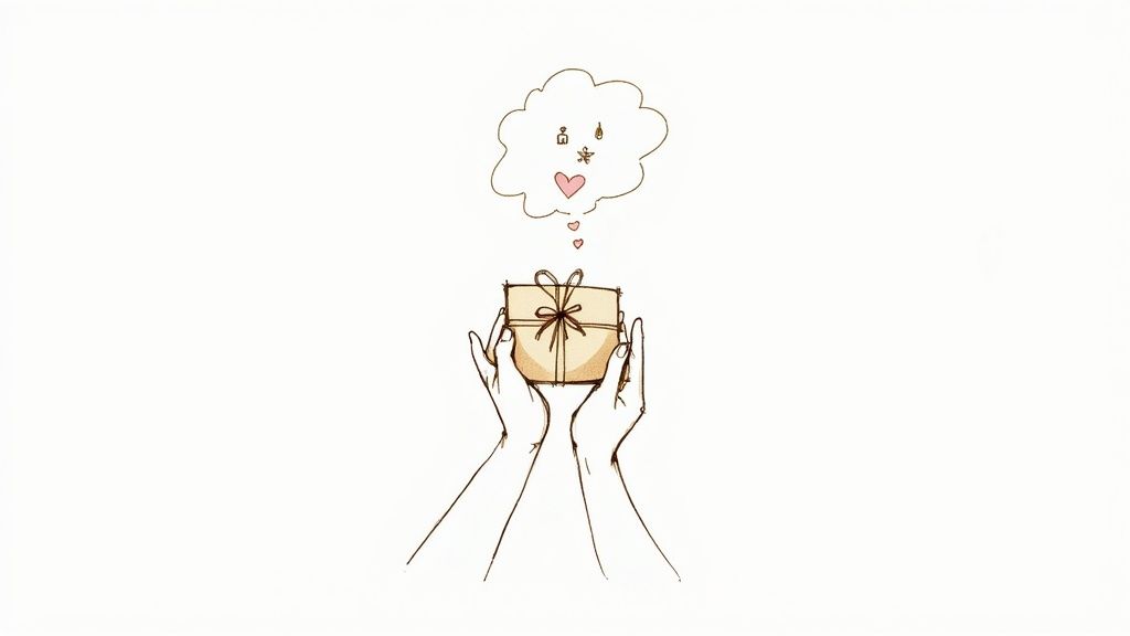 Illustration of hands holding a gift box, with a thought bubble showing cherished items and hearts.