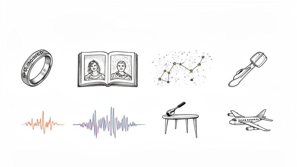Eight illustrations showing personalized gift ideas: an engagement ring, portraits, a constellation, sound waves, and an airplane.