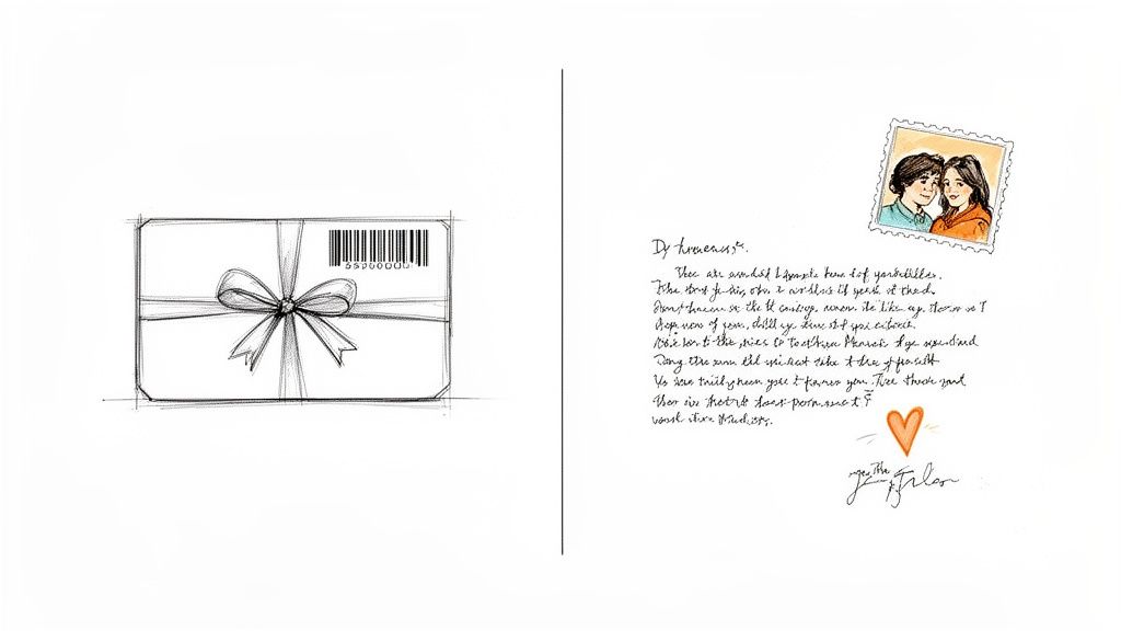 A hand-drawn gift card sketch with a bow and barcode, alongside a handwritten letter with a couple's stamp and a heart.