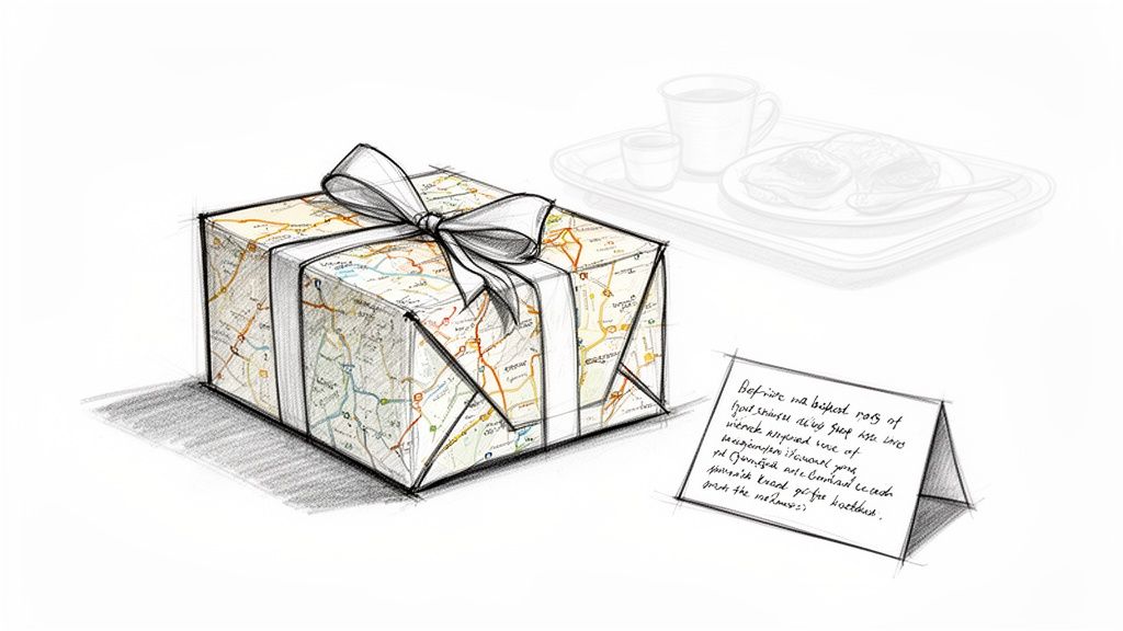 A sketch of a gift box wrapped in a map, tied with a white ribbon, next to a handwritten note and a faint breakfast tray in the background.