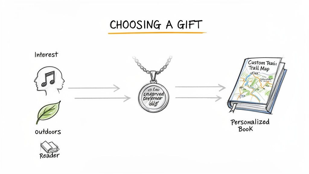 Diagram showing how interests (music, outdoors, reading) lead to personalized gifts like an engraved pendant or custom book.