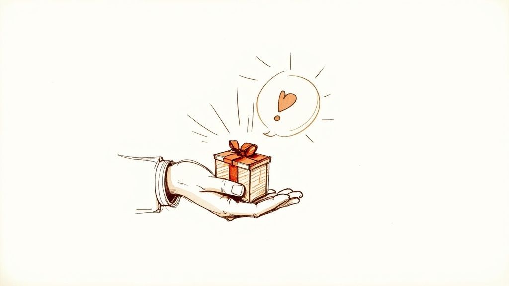 A hand holds a charming gift box with a red ribbon and a heart thought bubble, symbolizing love.