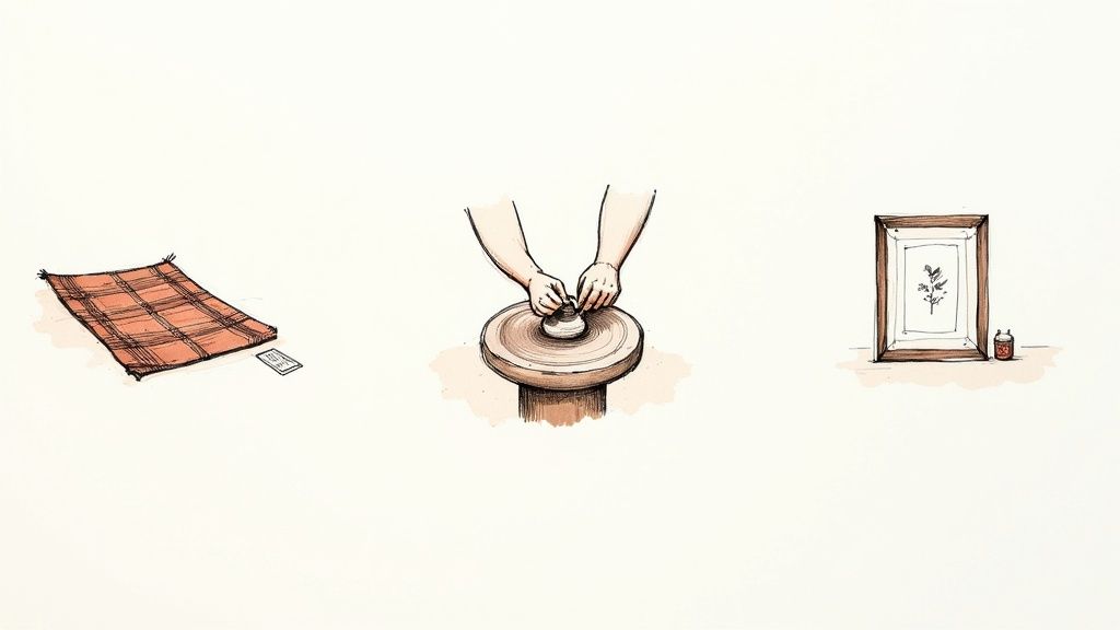 Three delightful illustrations showcase a picnic blanket, hands making pottery, and a framed botanical drawing.